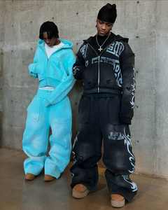 Custom Lavado Suor Suit Zipper Hoodies Tricô Set Impressão Personalizada Acid Wash Distress Flared Sweatpants e Hoodie Set - Product Image 4