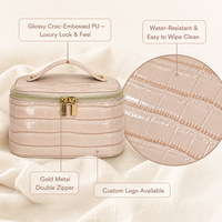 Pochette de toilette en cuir PU gaufré effet croco avec logo personnalisé, grande capacité, poignée supérieure, pour femme, rose blush, bordeaux