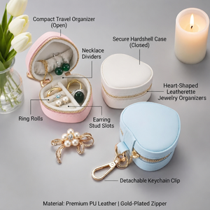 Customized Vintage Heart Shaped PU Leather Jewelry Travel <b>Box</b> Portable Zipper Storage Case Keychain Ring <b>Holder</b> <b>Earring</b> Case - Product Image 2