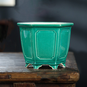 Hexagonal <b>Ceramic</b> Bonsai <b>Pot</b> Green Glaze Classic Chinese Style Desktop Planter - Product Image 1