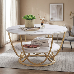 Modern Round Coffee <b>Table</b> with Metal Frame Tabletop | Eco-friendly Durable Handmade White/Gold Luxury Home Furniture Living Room - Product Image 3