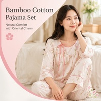 Ensemble de pyjama 2 pièces en coton de bambou style chinois, manches raglan trois quarts, longueur courte, doux et respirant, tenue de détente pour la maison