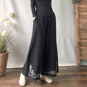 Loose Retro Chinese Style Elastic Waist Cotton Linen Pants With Embroidery Wide Legs For Women - Product Image 1