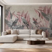 Papier peint autocollant imperméable vintage tropical avec des perroquets, motif rétro rose et gris, jungle, oiseaux, pour la décoration murale de la maison