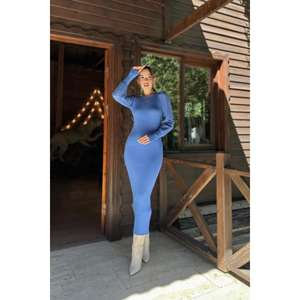 Robe pull moulante bleue en maille avec fente, taille naturelle, col rond, respirante, à manches longues pour femme - Product Image 5