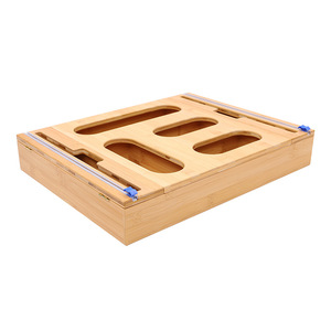 Bamboo <b>Storage</b> <b>Box</b> 4-Compartment Wall Mounted <b>Kitchen</b> Drawer With Cling Film Cutter Punch Free Lacquered Finish - Product Image 3