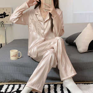 Set di pigiami in raso di seta di ghiaccio da <span class=keywords><strong>donna</strong></span> per adulti 2 pezzi primavera-autunno <span class=keywords><strong>abbigliamento</strong></span> per la casa con elastico in vita per indumenti da notte estivi - Product Image 2