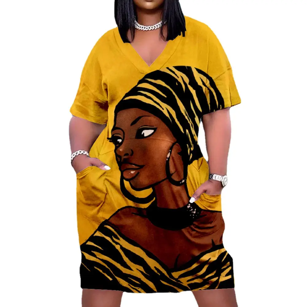 YQY0405 Customized Digital Printing Pattern Summer Dress African Women Loose Beach Dress Casual T Shirt Dress