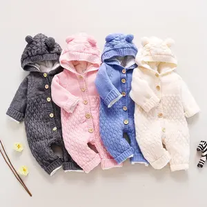 Newborn infant knit onesie toddler long sleeve sweater jumpsuit cartoon bear winter clothes hot sale hooded baby romper
