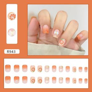 Uñas postizas cuadradas con diseño de rodajas de <span class=keywords><strong>naranja</strong></span> pintadas a mano, estilo fresco de verano, para minoristas de playa - Product Image 1