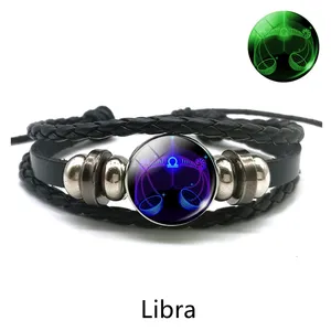 Gemini Leo Libra Scorpio Sagittarius 12 Constellation Luminous Bracelet Leather Bracelet Zodiac Charm Jewelry Bracelet for Men