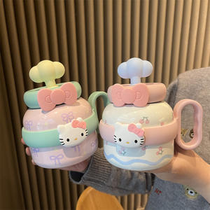 Tumbler Terisolasi dengan Lapisan Keramik Desain Bulat Kapasitas Besar Cangkir Meja Portabel Model Pegangan dengan Sedotan Ideal untuk Wanita - Product Image 1