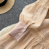 Robe décontractée élégante pour femmes, coupe trapèze, dentelle ajourée, broderie, manches longues, avec ceinture, pour tous les jours
