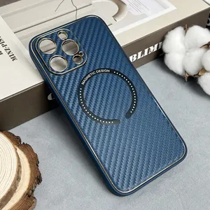 Casing ponsel kulit serat karbon kualitas tinggi, casing ponsel pengisian daya nirkabel magnetik untuk iPhone 15 Pro 14 13 12 11