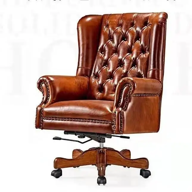 Роскошные коричневые колесики из натуральной кожи, Председатель Правительства, офисная мебель, вращающееся кресло Честерфилд