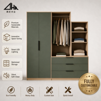 Armoire combinée en bois à double porte avec penderie, tiroirs et étagères ouvertes, grand meuble de rangement pour chambre à coucher