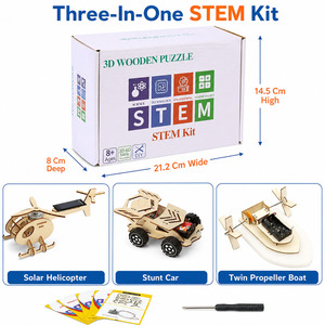 OKYN-Y2113 Kit de puzzle 3D en bois à assembler soi-même 3 en 1 : hélicoptère solaire, voiture de course, bateau à roues à aubes pour les créateurs de loisirs et les enfants - Product Image 1