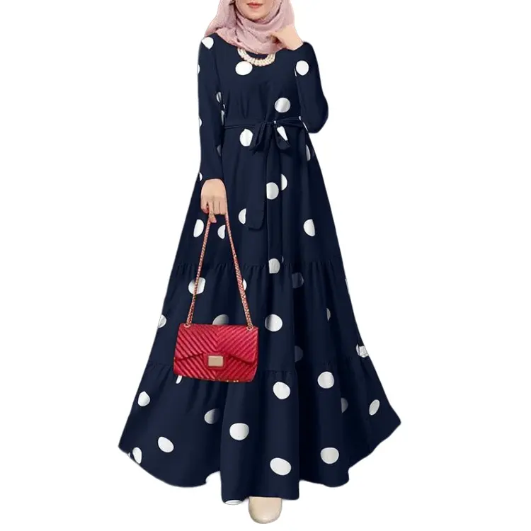 빈티지 물방울 무늬 O 목 가운 비용 효과적인 사우디 인도네시아 긴 원피스 이슬람 부르카 이슬람 여성의 원피스
