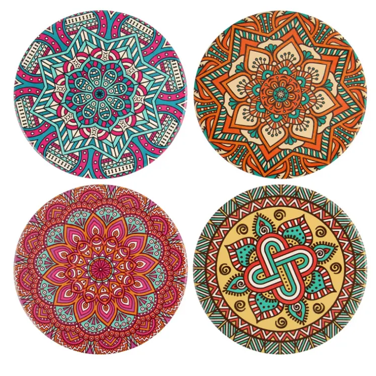 Posavasos de Mandala de cerámica con tapa de corcho absorbente de agua personalizado, venta al por mayor, con soporte de Metal