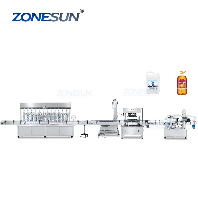 ZONESUN ZS-FAL180Z4 12 Heads Paste Filling Capping And Round Flat Bottles Double Side Labeling Machine Production Line