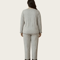 Ensemble de pyjama pour femmes grande taille personnalisé, imprimé à petits pois, dentelle noire, col en V, chemise à manches longues en tricot avec pantalon long