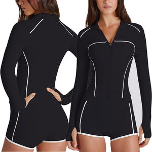 Damen Lauf-Sportbekleidung Set Reißverschluss-Jacke mit Langen Ärmeln Hochgeschnittene Shorts Aktivwear Trainingsanzug mit Daumenloch - Product Image 2