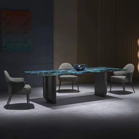 Table à manger en marbre italien bleu de luxe, ensemble de table à manger pour la maison, 8 chaises, meubles de salle à manger
