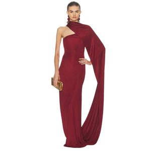 Robe longue sexy à une épaule, drapée, taille naturelle, maxi robe pour femmes, bordeaux, sans manches, dos nu, à lacets, slim, soirée - Product Image 1