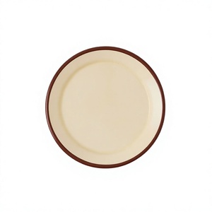 Assiette plate ronde en métal émaillé crème avec bord brun, design minimaliste, pour la présentation de desserts et d'aliments - Product Image 1