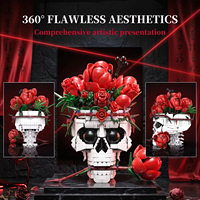 Set Bangunan Tengkorak Mawar Gothic EPT 1065+PCS, Buket Bunga Merah, Model Bata, Dekorasi Rumah Romantis Gelap, Hadiah