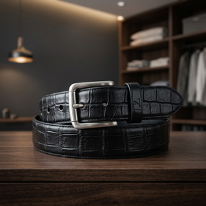 Cinturón de Cuero Vacuno con Patrón de Cocodrilo Negro Vintage de Anwar Enterprises, Hebilla Rectangular Plateada, Formal, Duradero para Hombre - Product Image 5