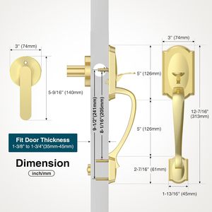 Poignée de porte d'entrée Calzibeno en zinc doré, levier d'entrée traditionnel, ambidextre, installation facile - Product Image 5