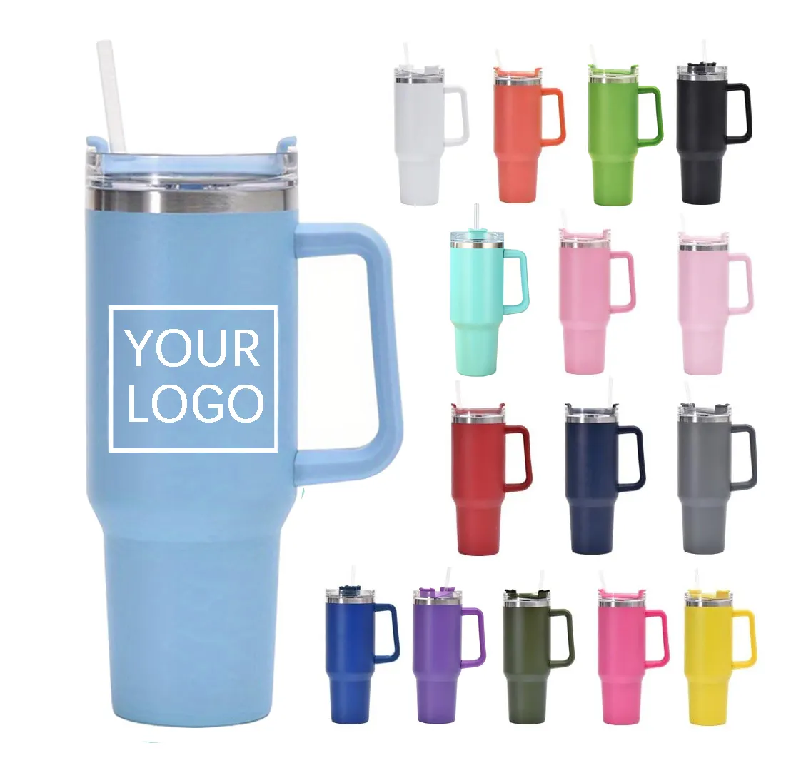 Personalizado Vácuo Isolado 40oz Quencher Viagem Caneca Flowstate Copo De Aço Inoxidável Com Palha E Alça