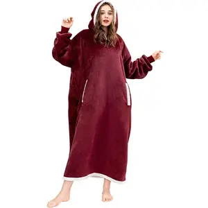 Inverno Wearable Hoodie Cobertor Com Mangas De Lã Oversized Super Longo Mulher Pijama Suave Quente Camisola Adultos Cobertores Sherpa