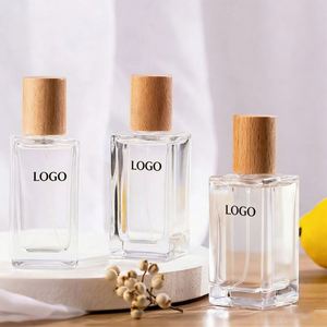 Customize Logo Print 30ml 50ml Portable Square Clear Glass Perfume <b>Dispensing</b> <b>Bottle</b> with <b>Pump</b> Sprayer & Walnut Wood Cap - Product Image 2