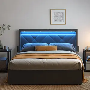 VASAGLE Tempat Tidur Berlapis Kain dengan Headboard Perabot Kamar Tidur Set Ukuran Penuh Modern Elektrik USB LED dengan 4 Laci Penyimpanan