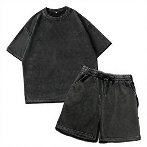 Custom Streetwear Clothing Manufacturer Summer Jogging Vintage <b>Knitted</b> 220 GSM 100% Organic Cotton Breathable T-shirt Short <b>Set</b> - Product Image 2