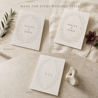 Carte d'invitation de mariage florale gaufrée à l'envers, papier tactile épais, gaufrage couronne de lauriers, rose, pivoine, noms personnalisés, impression de l'emplacement