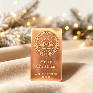 Barra de Cobre Fino de 1000G .999, Forma Cuadrada, Artículo Decorativo de Regalo, Merry Christmas Art Bar - Product Image 3