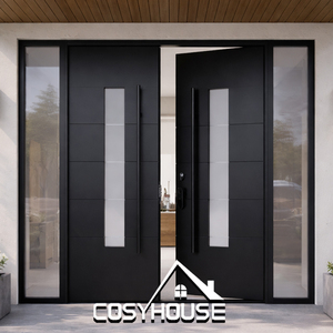 Modern Black Aluminum Double Front Entry Door with Glass Inserts and Sidelights Luxury Exterior Entrance Door - Product Image 1
