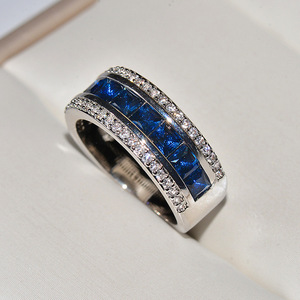 Princess Cut Simulated <b>Sapphire</b> Band <b>Ring</b> 925 Silver Rhodium Plated Micro Pave <b>White</b> CZ Wide Wedding Band For her - Product Image 1