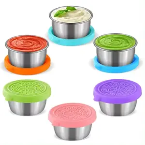 2024 Lebensmittelqualität Mikrowelle sichere Soßschüssel Kaffeebox Edelstahl Saladdressing Aufbewahrungsbehälter für Mittagessen-Schachtel Silikondeckel