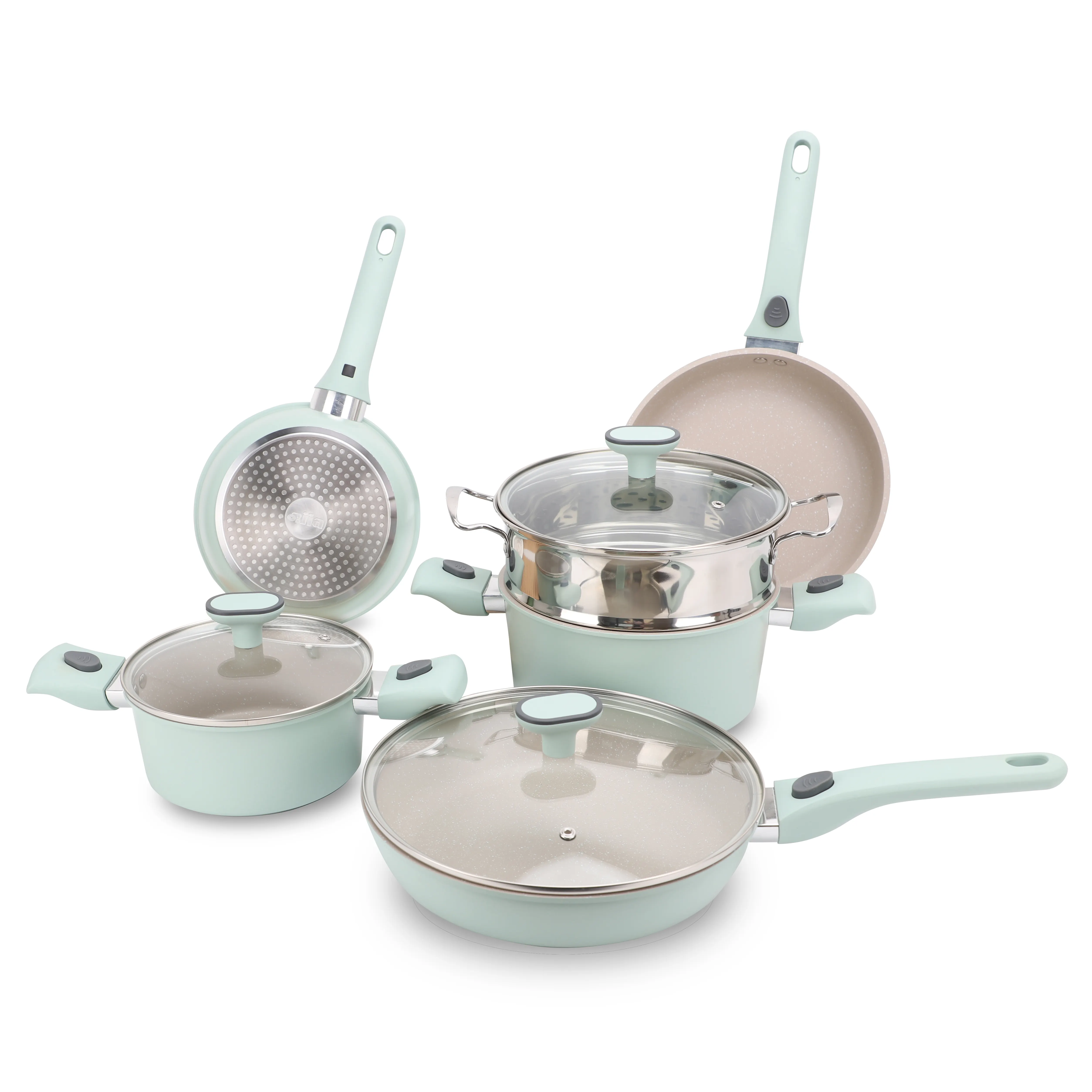 9PCS New Detachable Non Stick Forged Aluminum Cookware Set with Custom Color and Steamer