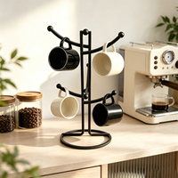 Support à tasses en fil métallique noir DaS, 6 crochets, présentoir pour cuisine, bar à café, table