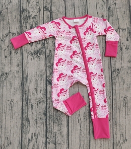 LR2432 RTS Infant baby R print kids wholesale Cyan flowers bows barboteuse long sleeve jumpsuit child set - Product Image 3