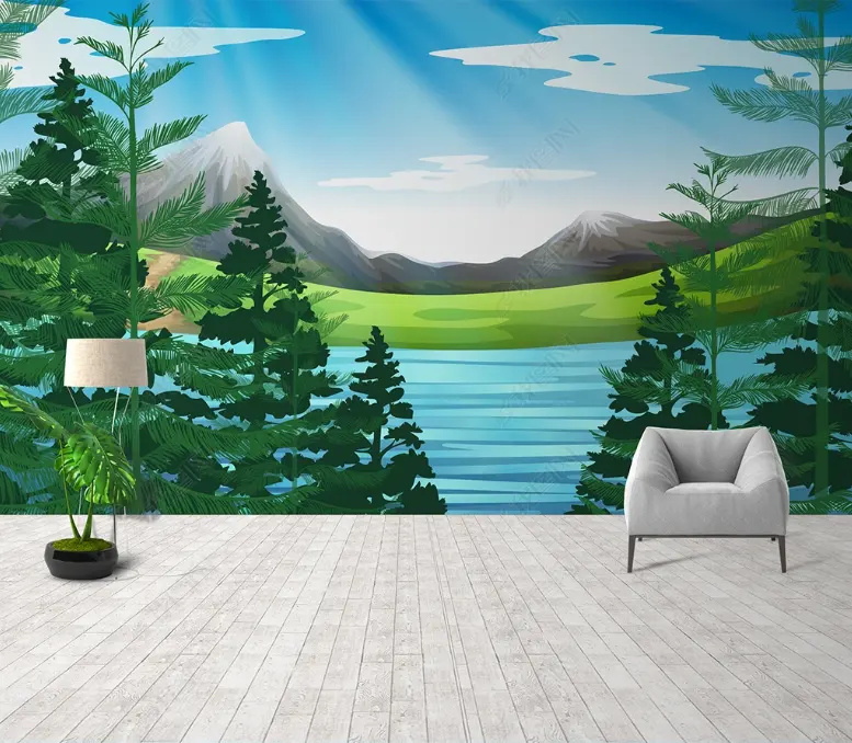 Simple hand-painted landscape green landscape mural background wall 3D home decoration wallpaper