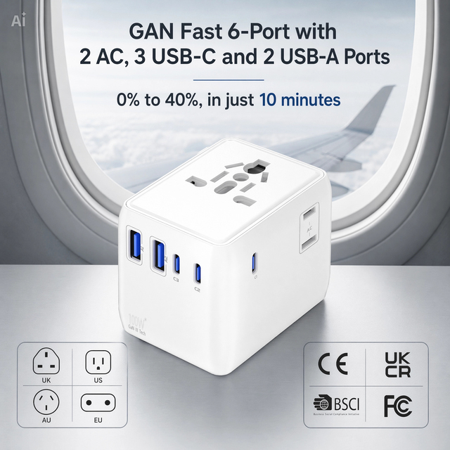 World Plug 100W PD Universal Travel Adapter All in One Gan Multi Fast Wall Charger with 2 AC 4 USB-C Ports for UK US EU AU