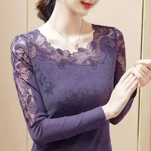 Women Blouse Long Sleeve Lace Shirt Top O-neck Autumn Winter plus Size Women's Clothes Blouse Purple Shirts Ropa De Mujer