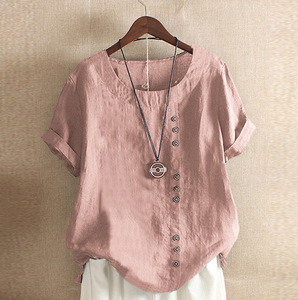 Atasan Linen Wanita Ukuran Besar 5XL Lengan Pendek Model Longgar, Kemeja Terlaris 2024, Blus Santai Kancing Retro Warna Solid untuk Wanita - Product Image 2