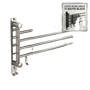 Porte-serviettes mural en acier inoxydable 304 finition chromée, double barre avec crochet, barre à serviettes contemporaine pour salle de bain - Product Image 1